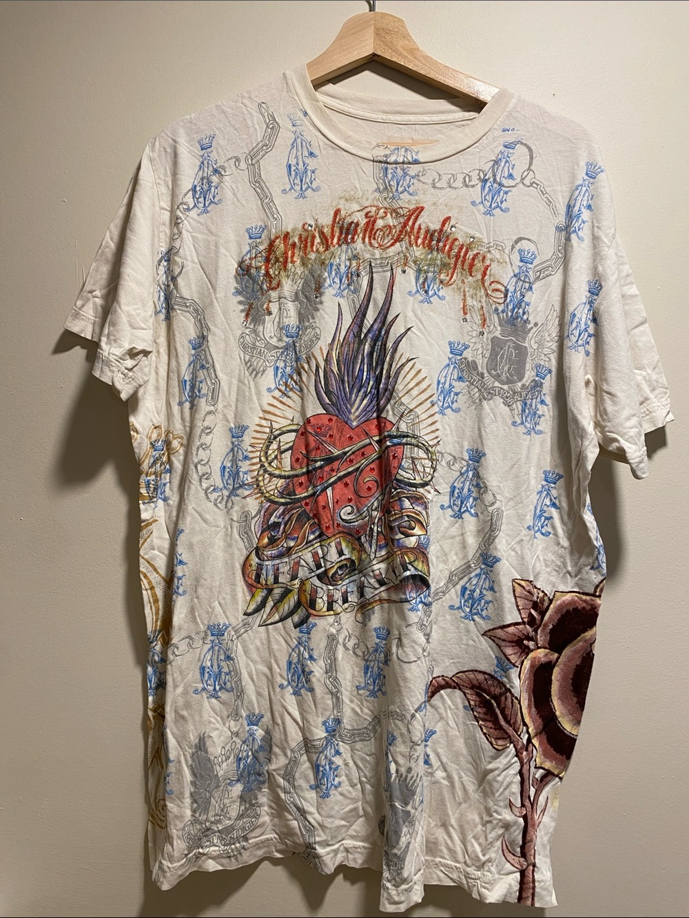 Y2K Christian Audigier White Graphic Tee with Multi-Color Heart & Flame XXL
